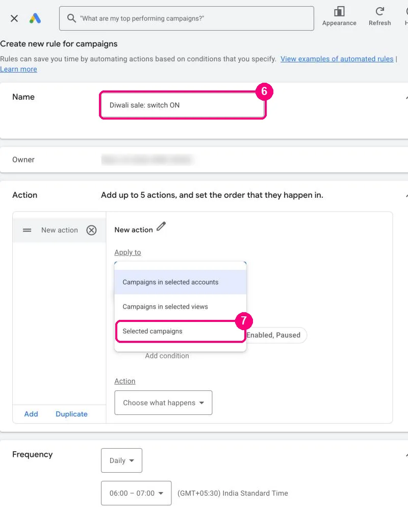 Rule name field filled with Diwali sale: switch ON, and the Apply to menu showing Selected campaigns