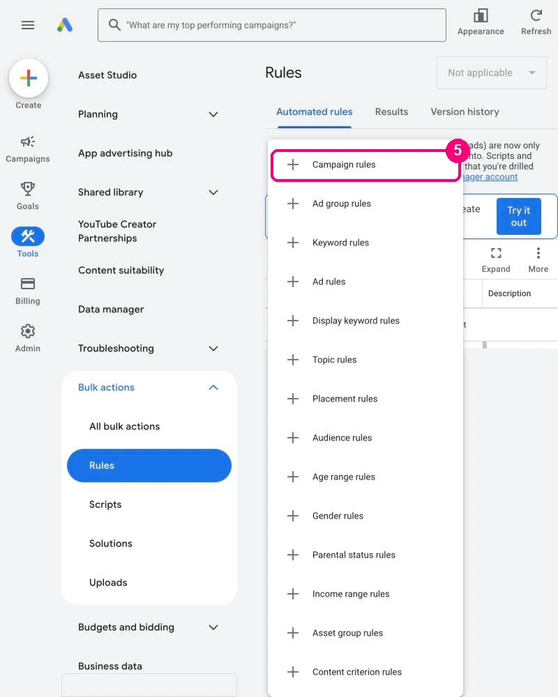 The rule type menu in Google Ads with Campaign rules highlighted