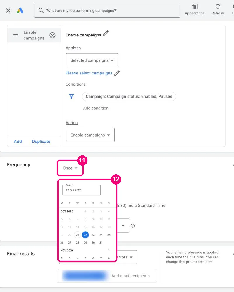 Frequency set to Once with the date picker open