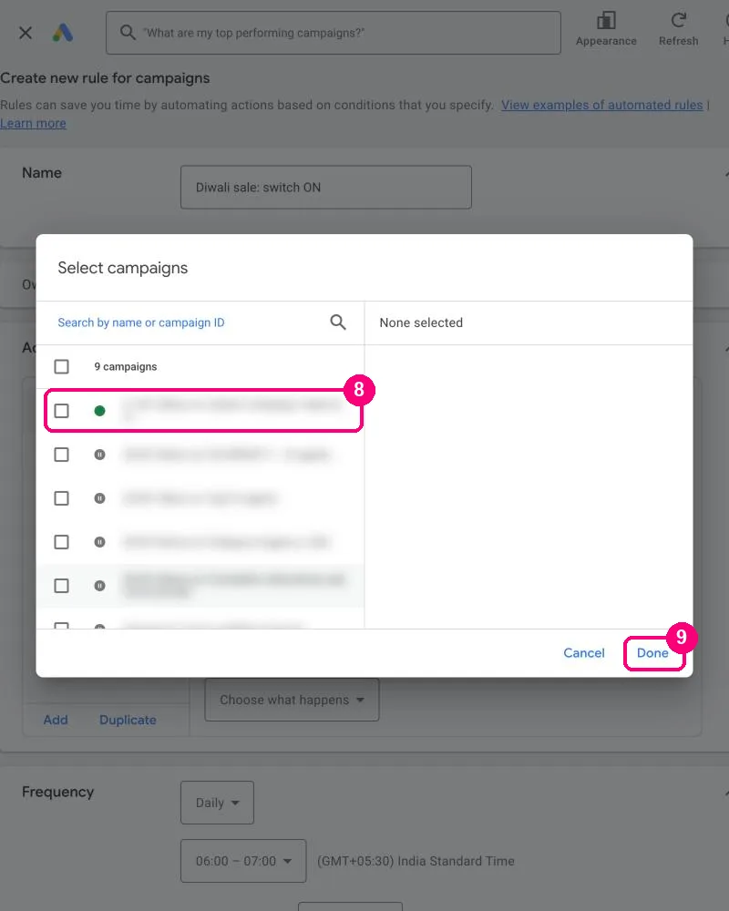 The Select campaigns window with one campaign ticked and the Done button highlighted