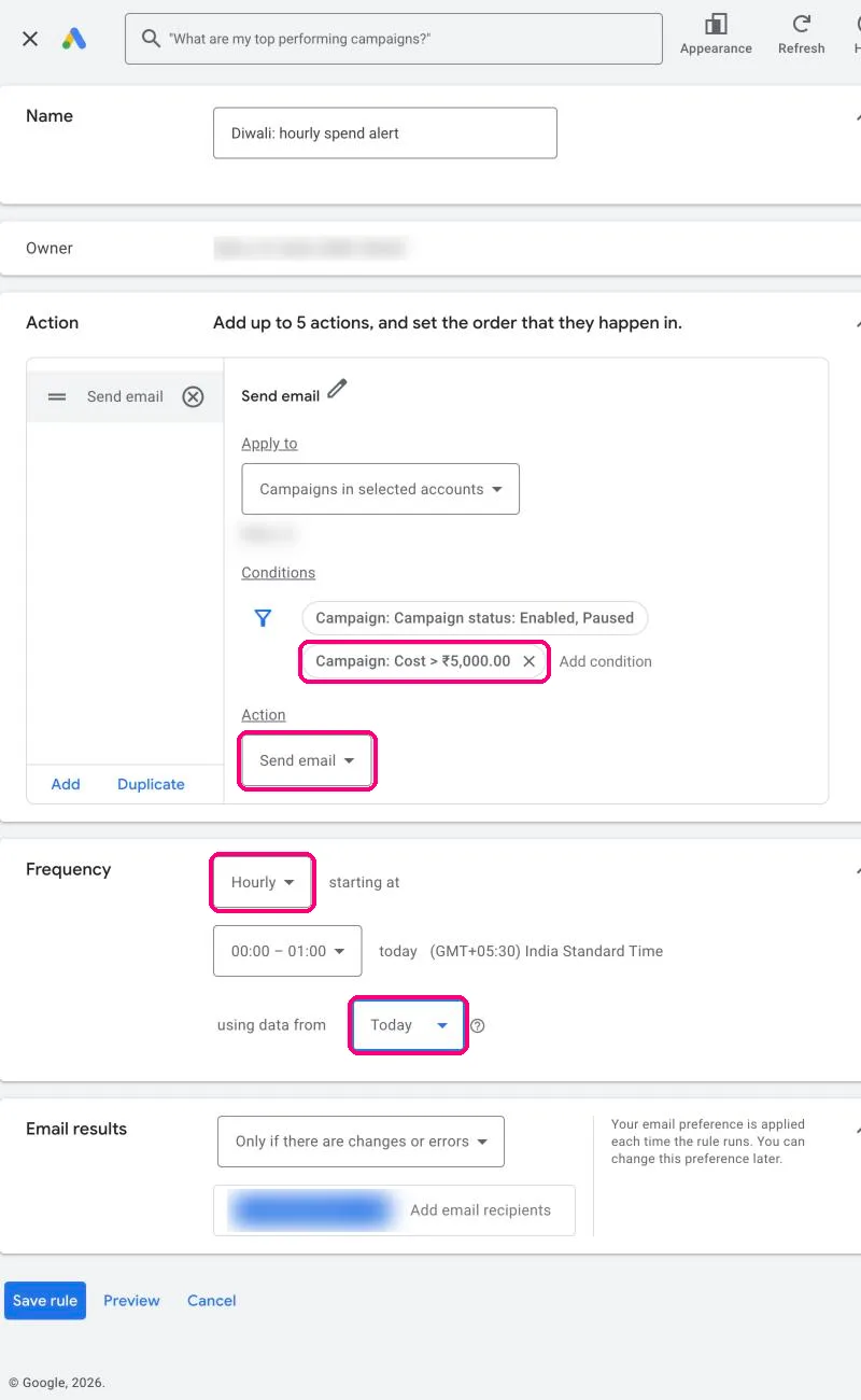 The finished spend alert rule: Send email, Cost greater than 5000 rupees, Hourly, Today