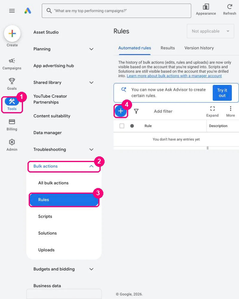 Google Ads left menu with Tools, Bulk actions and Rules highlighted, and the blue plus button on the Rules page