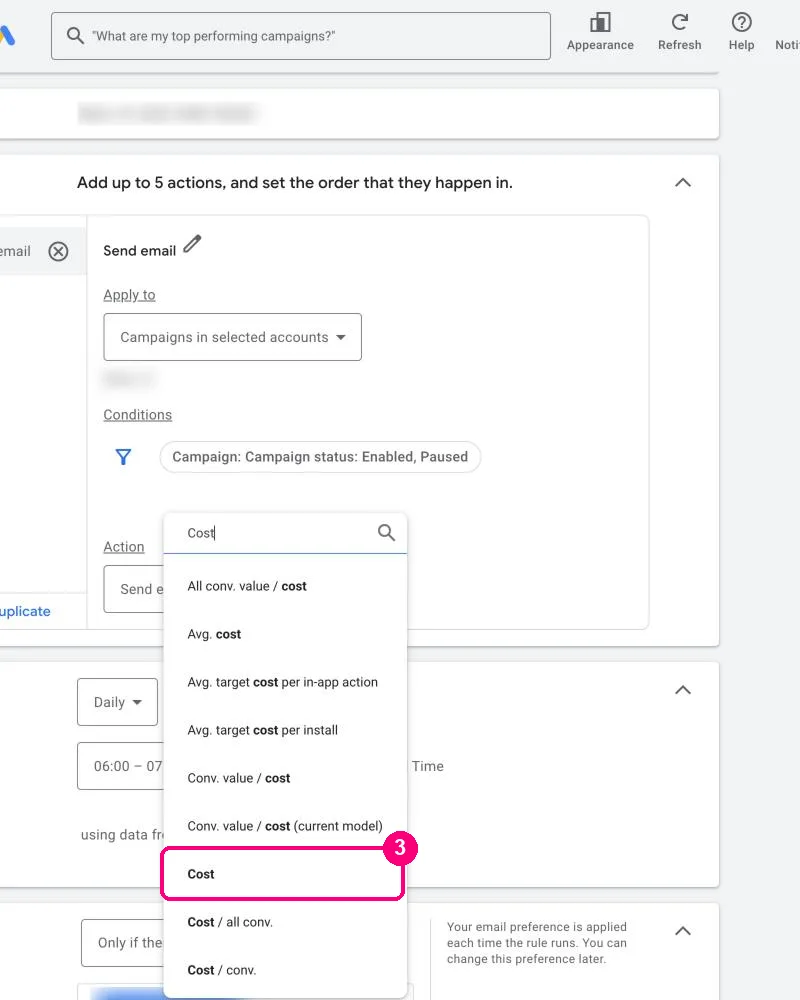 The condition search box with Cost typed and the Cost option highlighted
