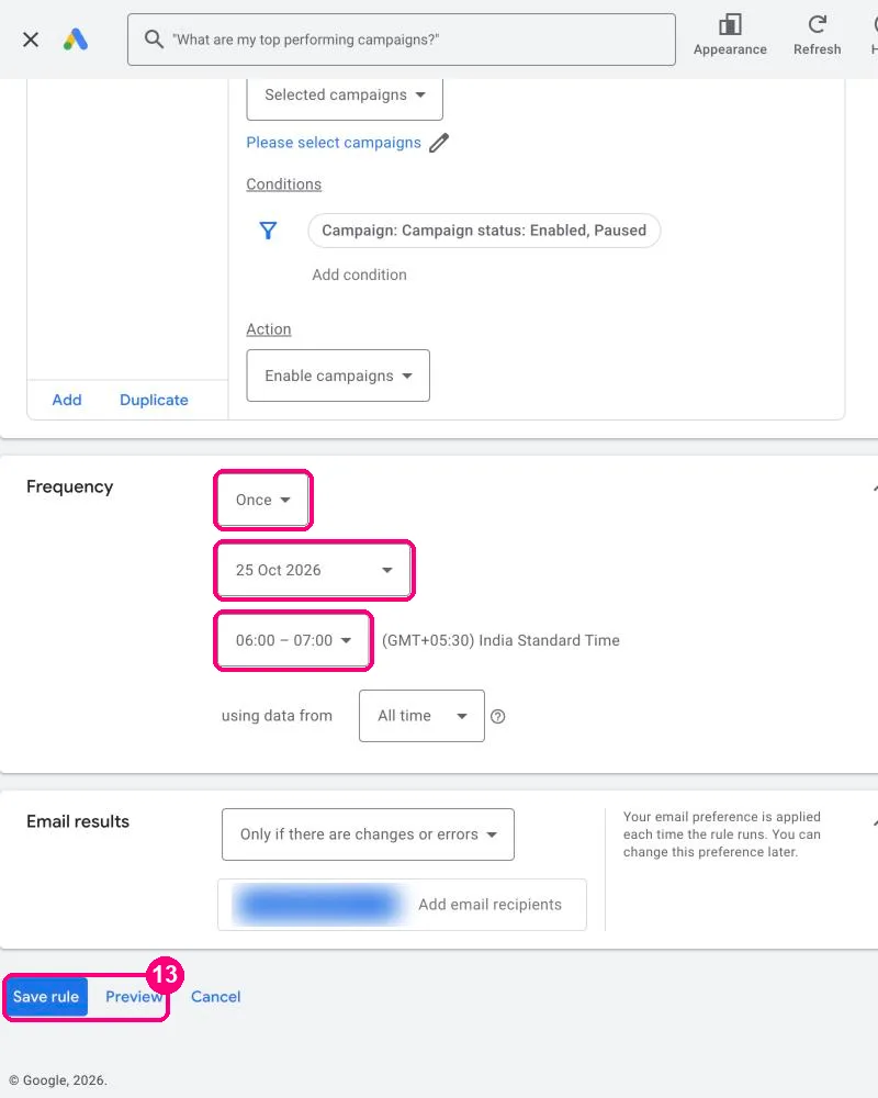Rule form showing Once, 25 Oct 2026, 06:00 to 07:00, and the Save rule and Preview buttons