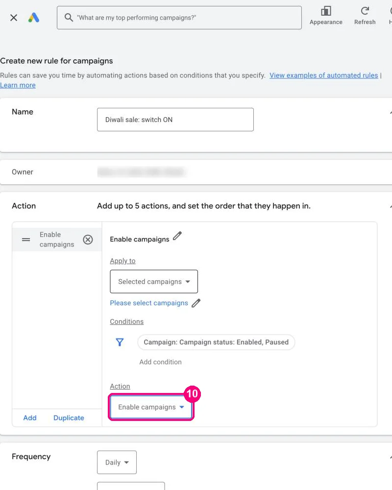 Action set to Enable campaigns in the Google Ads rule form